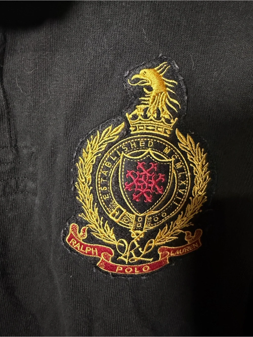 Vintage Polo Ralph Lauren PRLC Crest Rugby Shirt Black Gold Embroidered XXL